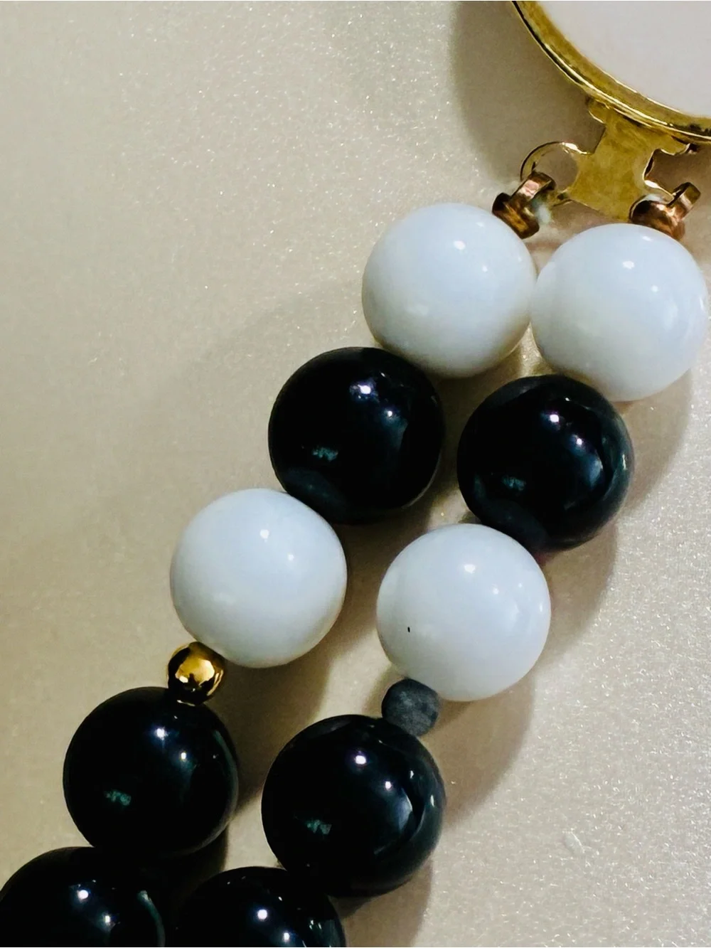 VTG 80s Black and White Beaded Layered Necklace with Gold Enamel Security Clasp